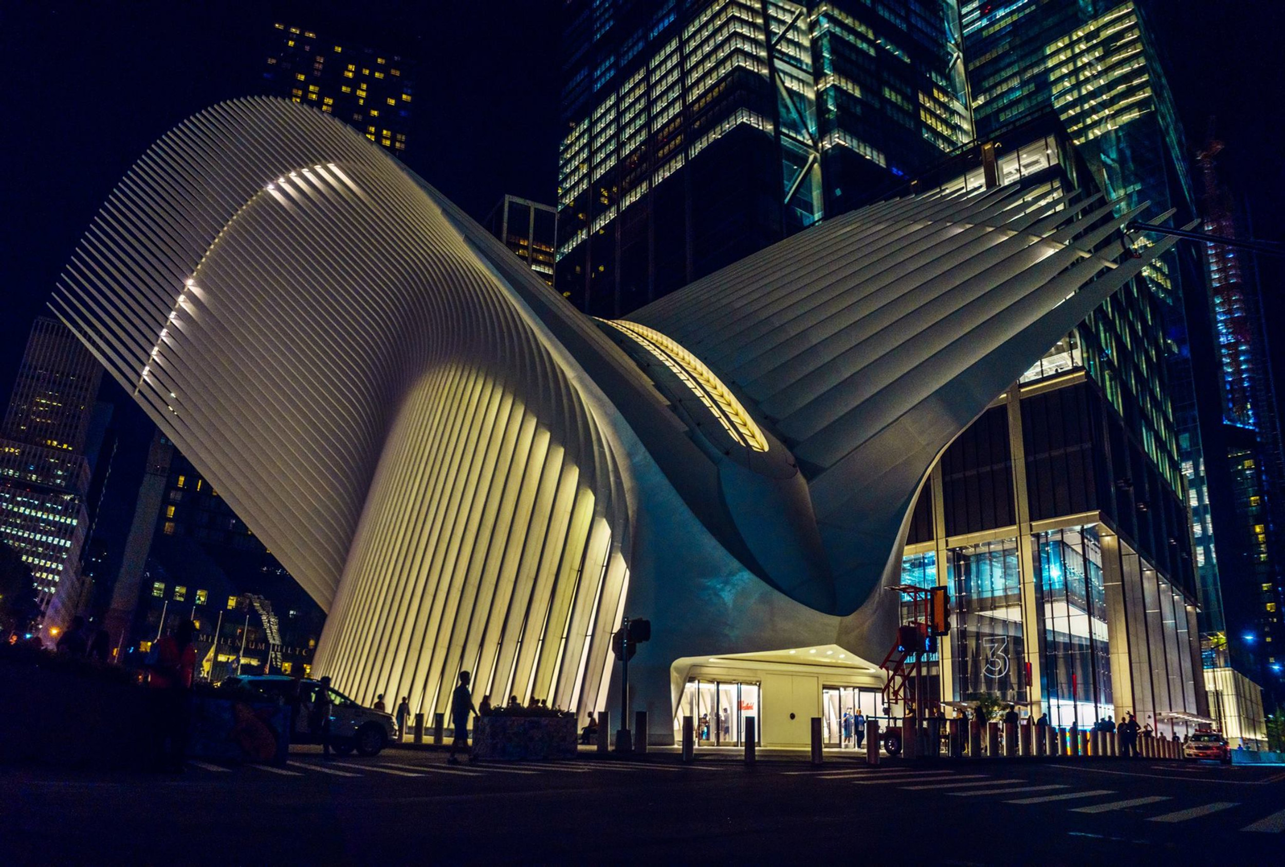 Panoramic architecture photograph of the World Trade Center Oculus at night by Jordan Licon