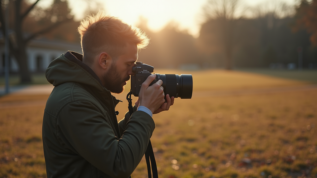 Wide angle view of a photographer adjusting camera settings outdoors during a shoot
