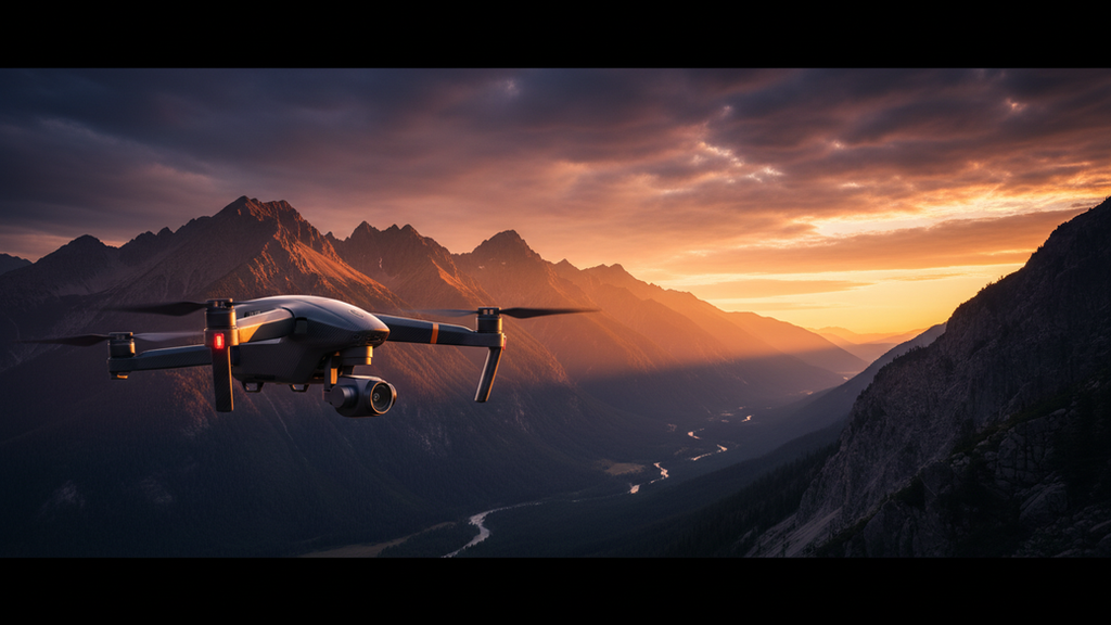 Wide angle view of a drone capturing a mountain range at sunset