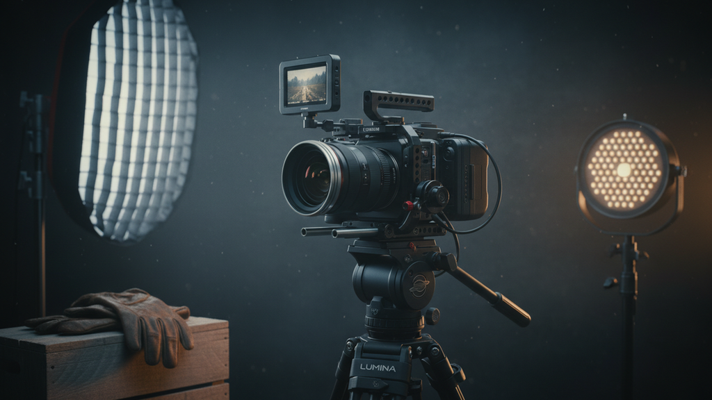 Close-up view of a professional camera setup with soft lighting