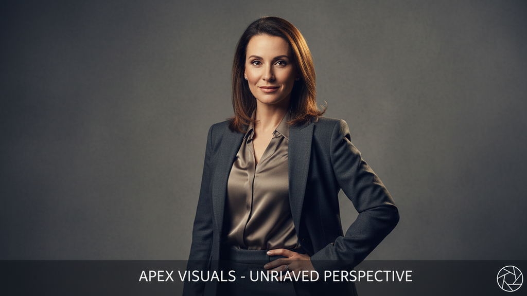 Eye-level view of a professional individual standing against a neutral background