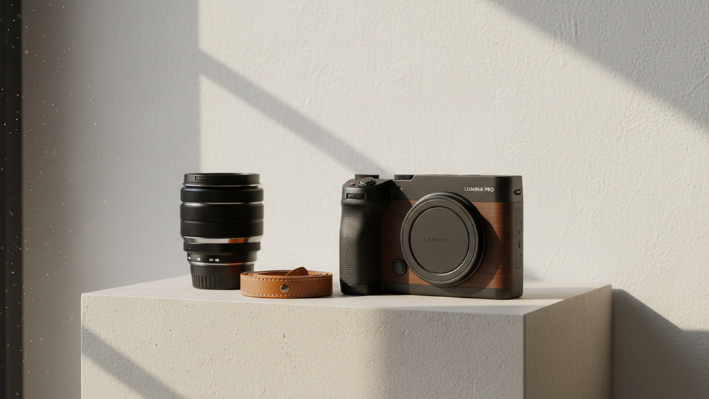 Eye-level view of a minimalist product setup with natural light