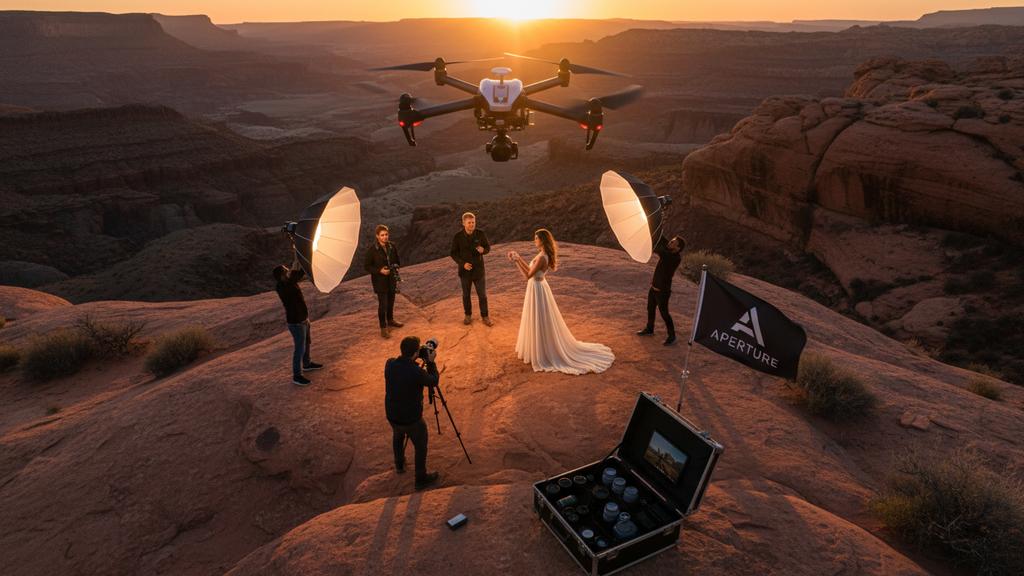 High angle view of a drone capturing an outdoor commercial shoot