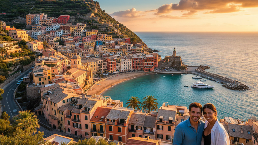 Wide angle view of a coastal town with colorful rooftops
