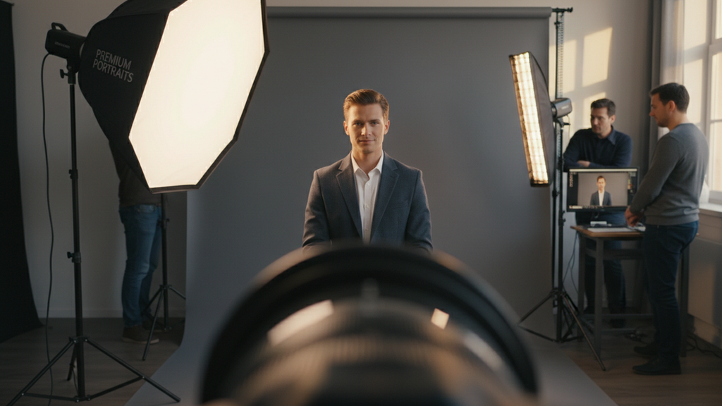 Close-up view of a camera lens focused on a professional headshot setup
