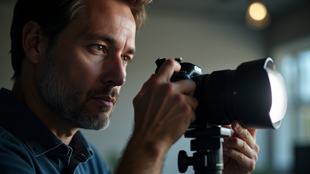 Close-up eye-level view of a professional photographer adjusting lighting equipment