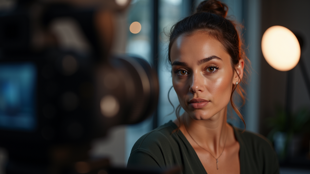 Close-up view of a professional headshot setup with lighting and camera
