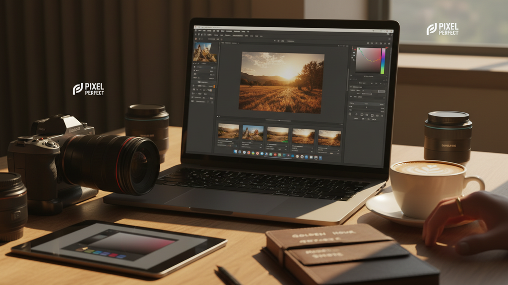 Close-up view of a camera and laptop showing photo editing software