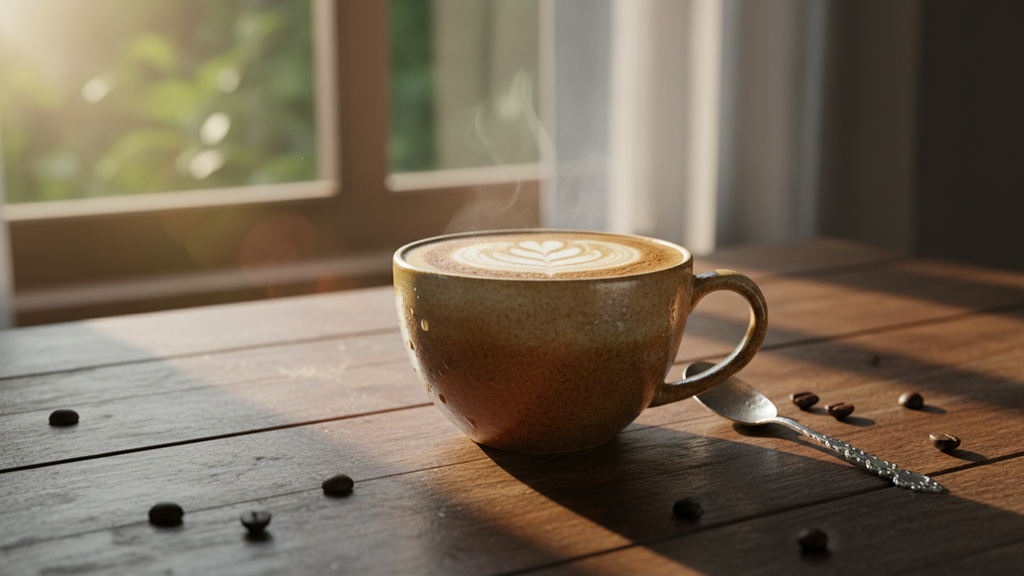 Close-up view of a coffee cup on a wooden table with morning light