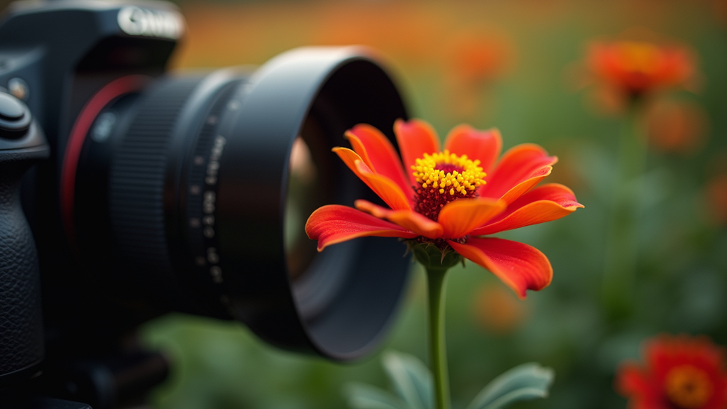 Close-up view of a camera lens focusing on a flower with blurred background