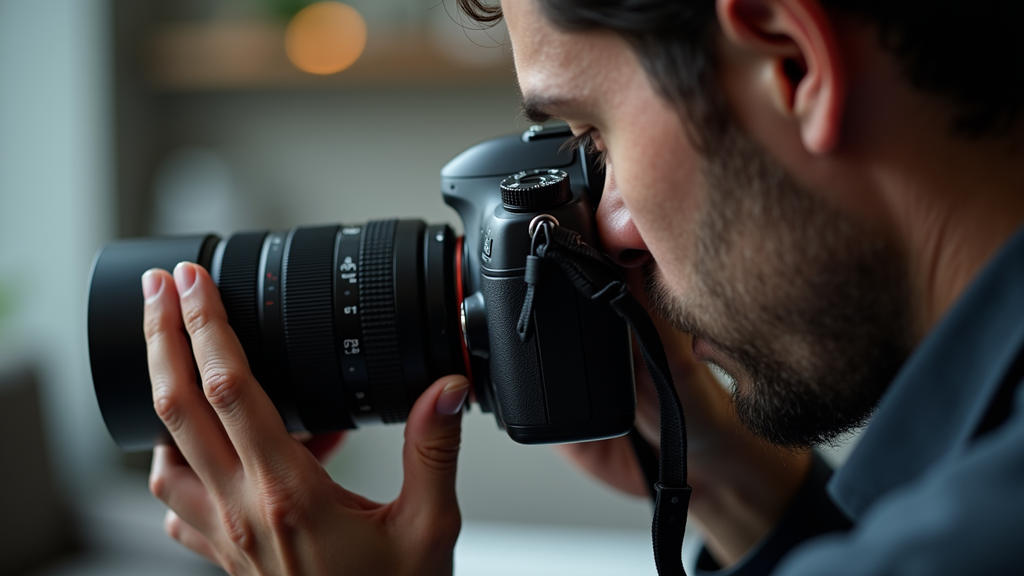 Close-up view of a photographer adjusting camera settings during a product shoot