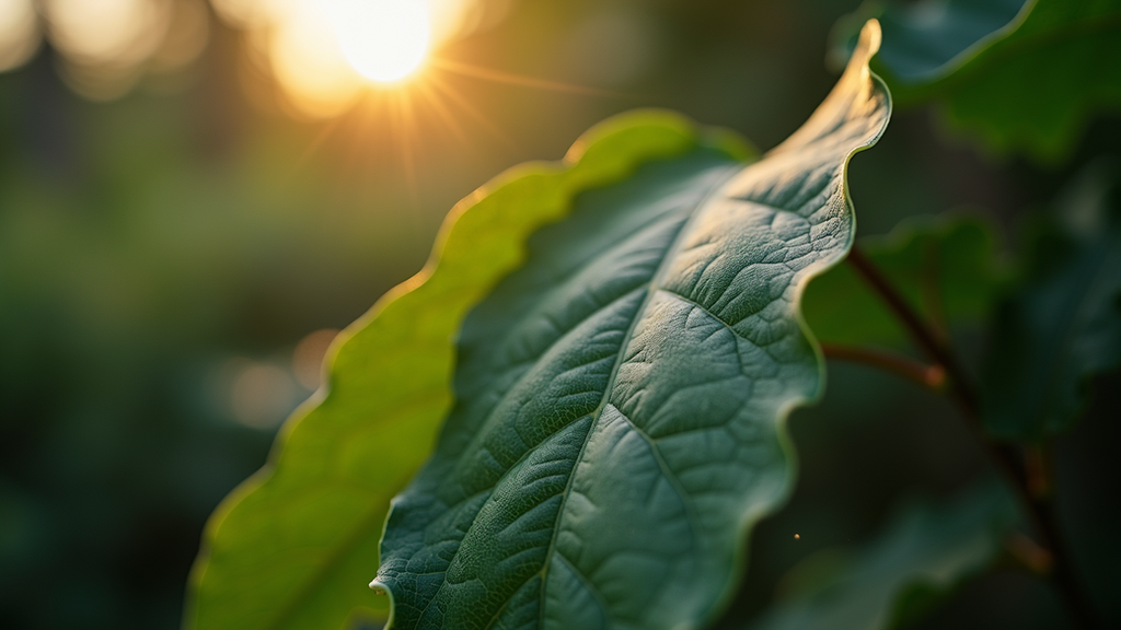 Close-up view of a camera lens focusing on a textured leaf in natural light