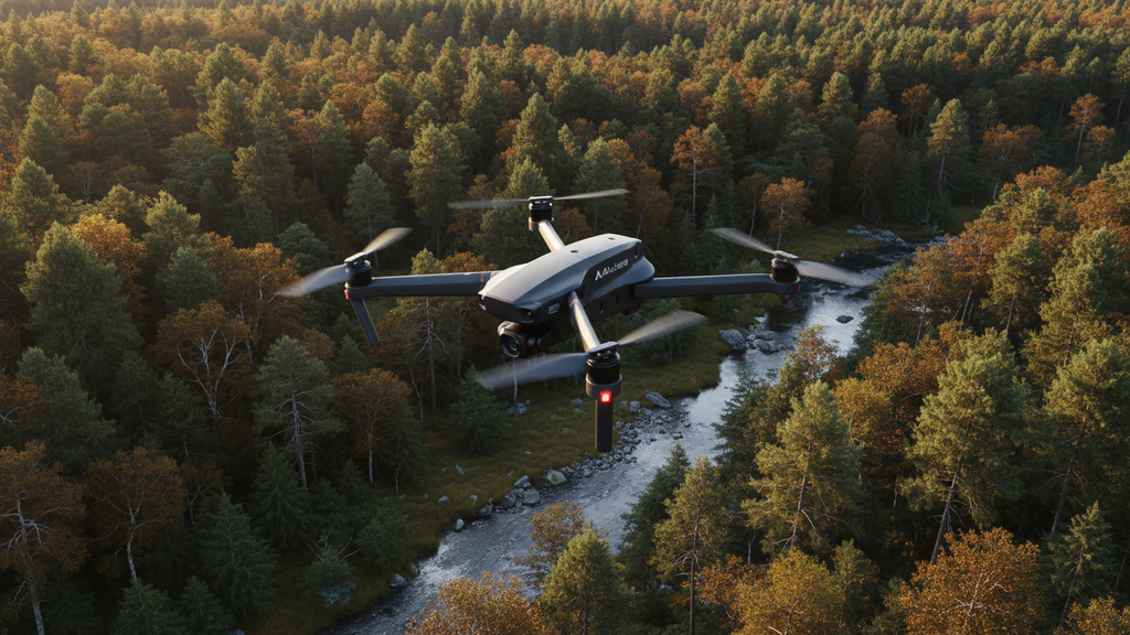 High angle view of a drone flying over a forest landscape