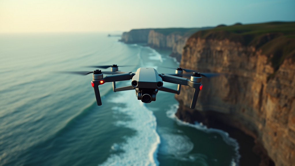 Eye-level view of a drone hovering over a coastal cliff
