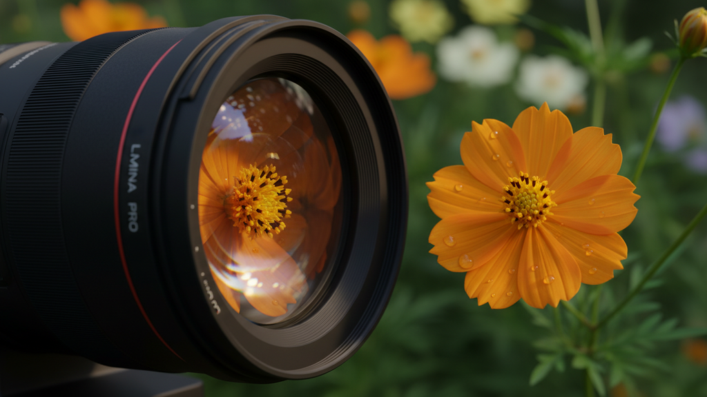Close-up view of a camera lens focusing on a flower with blurred background