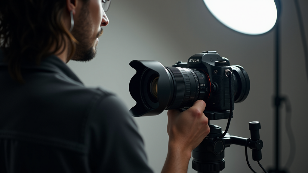 Close-up view of professional camera setup with tethering station in photo studio