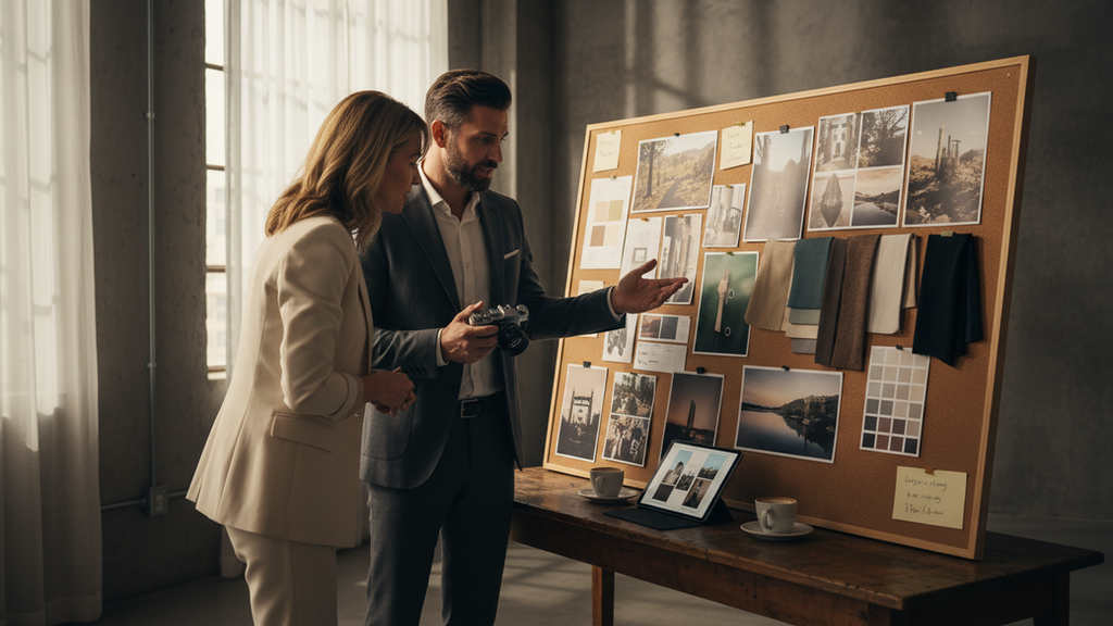 Eye-level view of a photographer discussing a mood board with a client