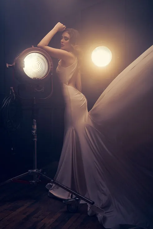 Woman in elegant gown, fashion portrait, dramatic lighting