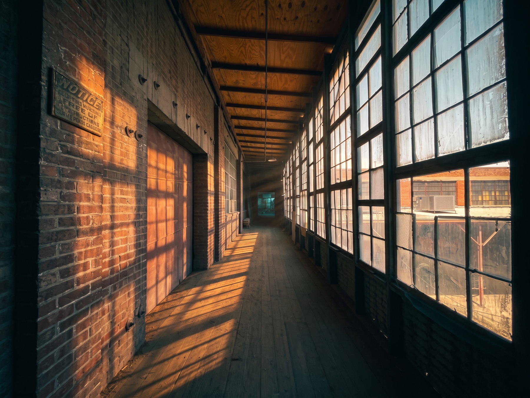 Railyard Studio corridor with tall industrial windows and exposed brick