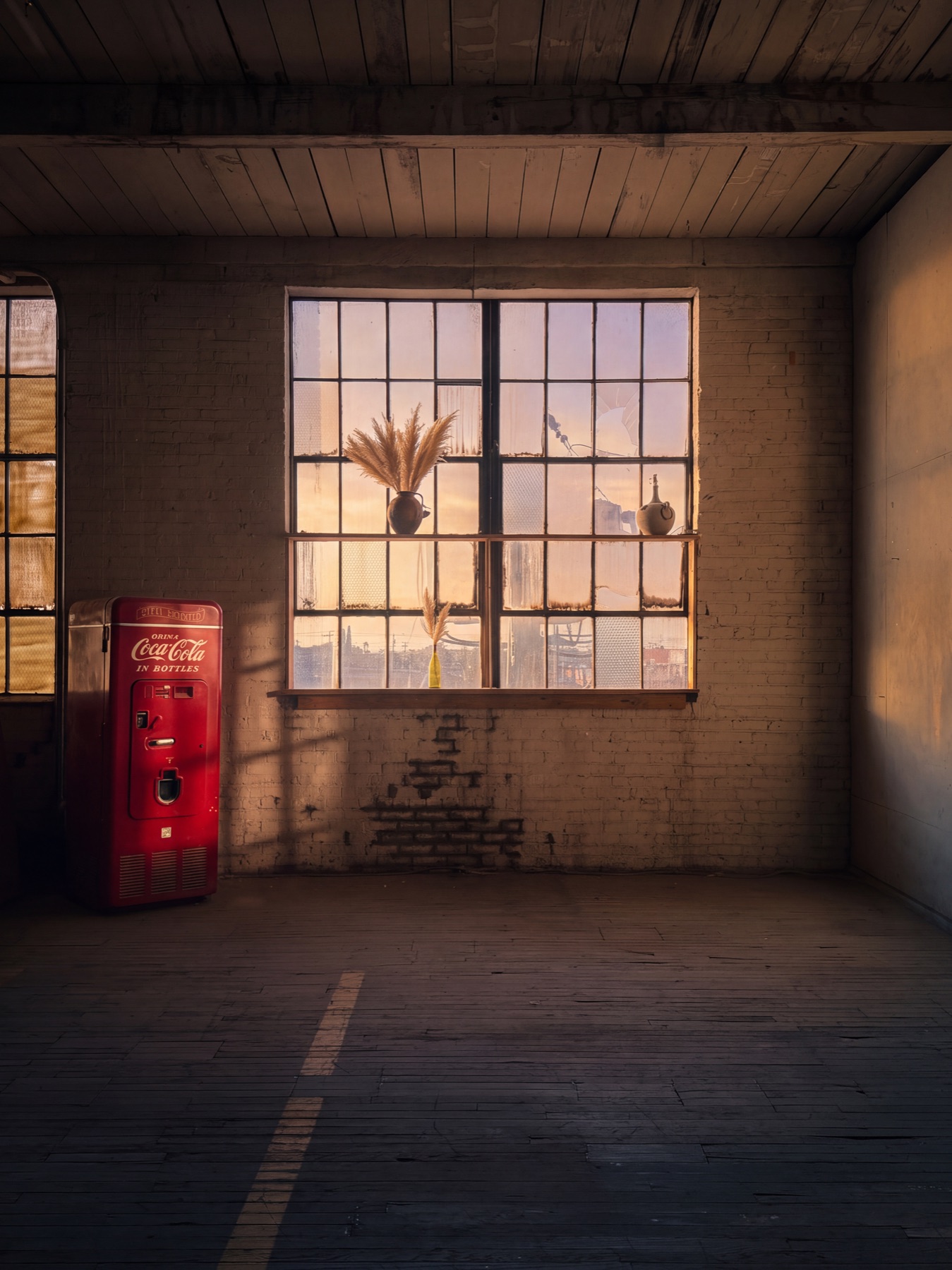 Railyard Studio window wall with warm afternoon light and textured brick